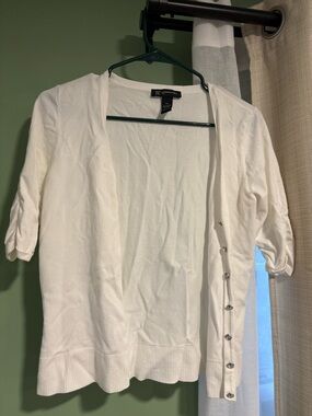 INC International Concepts White Short-Sleeve Open Cardigan with Side Buttons